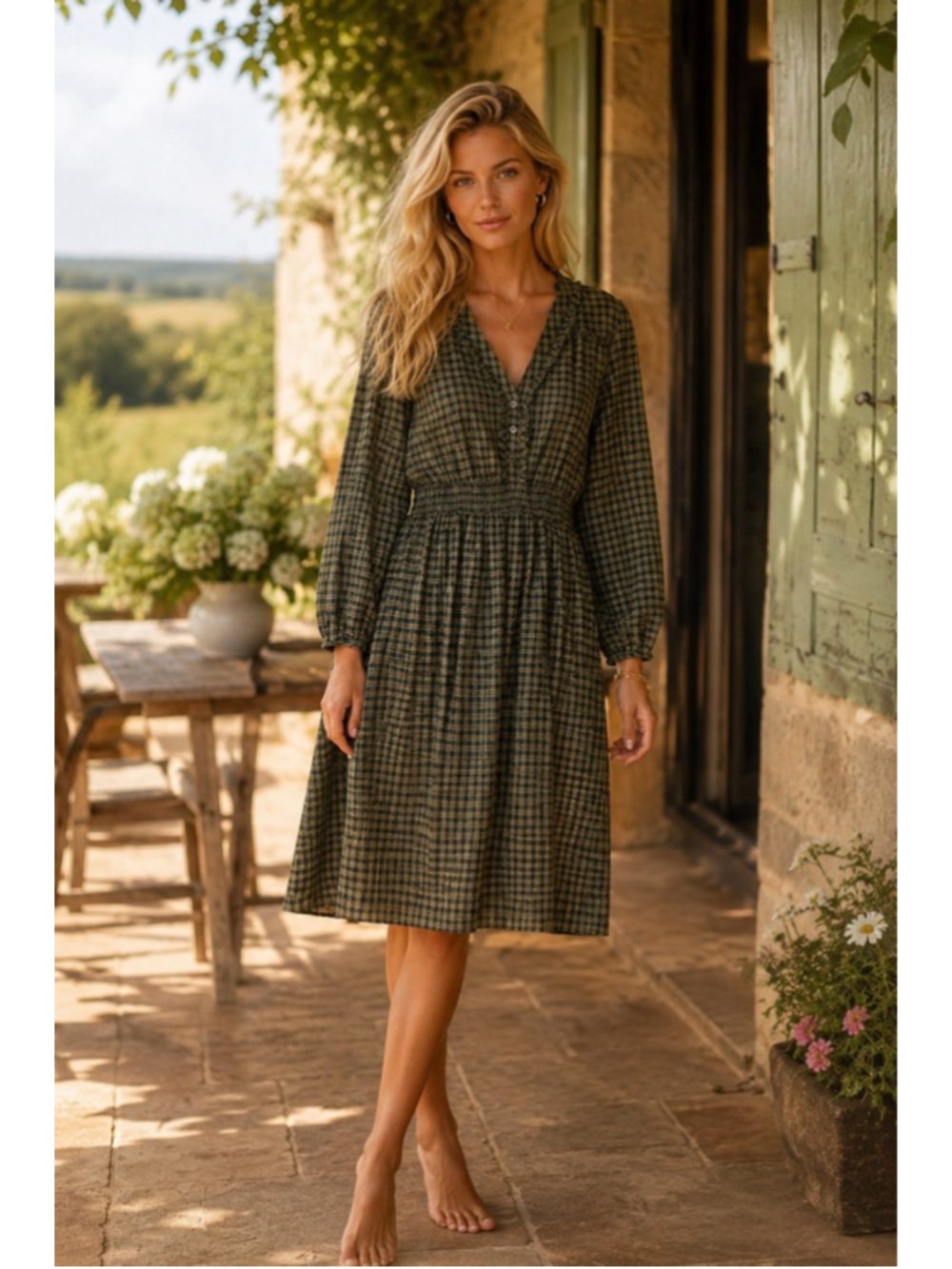 New In Cottagecore Plaid Midi Dress French Country Prairie Romantic L Quiet Luxe